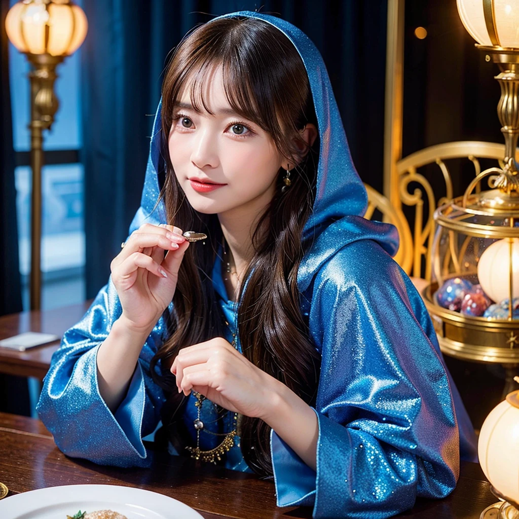 Female fortune teller. Overall body orientation: frontal. Charming, beautiful and mysterious. She wears a blue cloak and has a clear face. The atmosphere is bright and glittering, full of anxiety and anticipation. The fortune teller is standing. He holds a crystal ball in each hand. The lighting in the room is bright, creating a fantastic atmosphere. Best picture quality, 4K or 8K resolution. The level of detail is very fine and realistic, almost photorealistic. Artistic style should reflect the aesthetic of the formula with bright colors and strong contrasts. The color palette should emphasize the mysterious and mystical theme of the piece. The fortune teller's cloak is embellished with metal trim and intricate designs with a thickness ratio of 1.5. The overall atmosphere is starry and magical. The expression on the fortune teller's face should evoke mystical interest.