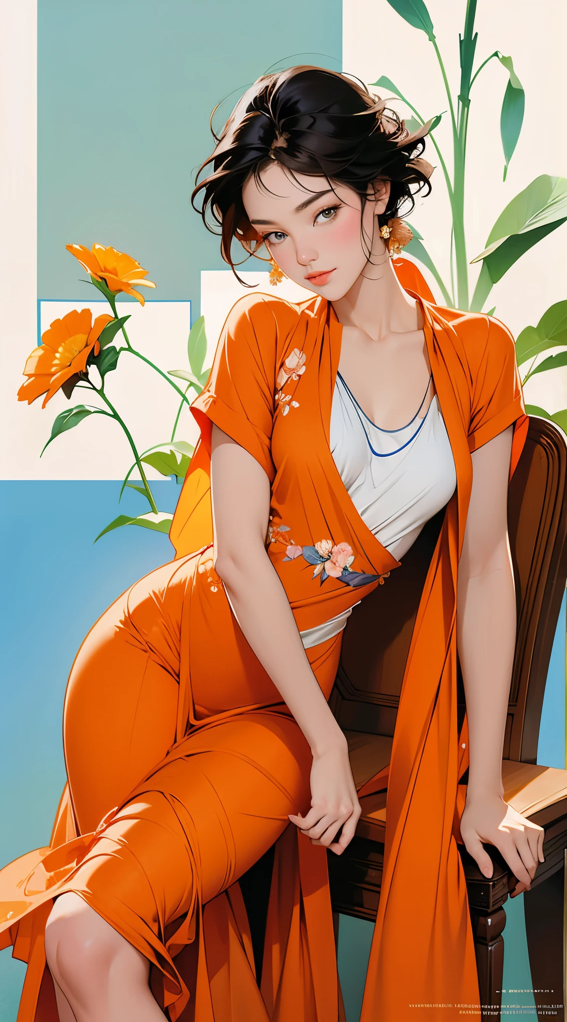 woman dressed in orange sitting on a chair with a flower in her hand, Lois Rossdraw, Craig Mullins Alphonse Mucha, Alphonse Mucha and Rossdrew, Style Ross Tran, RossDraw 1. 0, ross tran 8 k, WLOP and Krenz Cushart, RossDrawS 2. 0, Styling by Peter Mohrapher, :: RossDrew