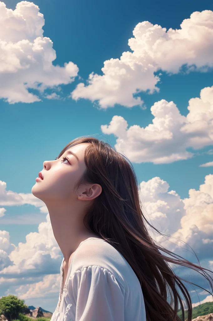 masterpiece, Highest quality, (Highly detailed CG synthesis 8k wallpaper) (Highest quality), (Best illustrations), (The best shade)、Very meticulous, blue sky、Various clouds、Amazingly beautiful, Summer Clouds、A girl on top of a small hill is looking up at the sky、animation、Pull angle