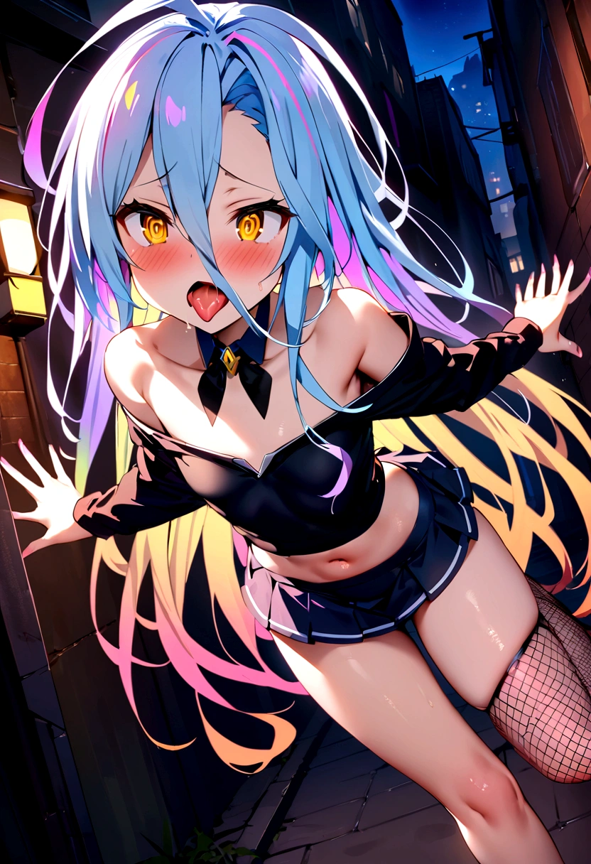 NSFW,masterpiece,Highest quality,High resolution,Super detailed,Shiro \(no game No life\),Long Hair,Multicolored Hair,Hair between the eyes,Gradient Hair,Yellow Eyes,Flat Chest,Slave,Off the shoulder,cropped,Micro Mini Skirt,Fishnet tights,Downtown at night,alley,Ecstasy face,Embarrassed,blush,Leg spread,orgasm,Climax,Squirting,Open your mouth、Stick your tongue out,Roll your eyes、squint,Are standing