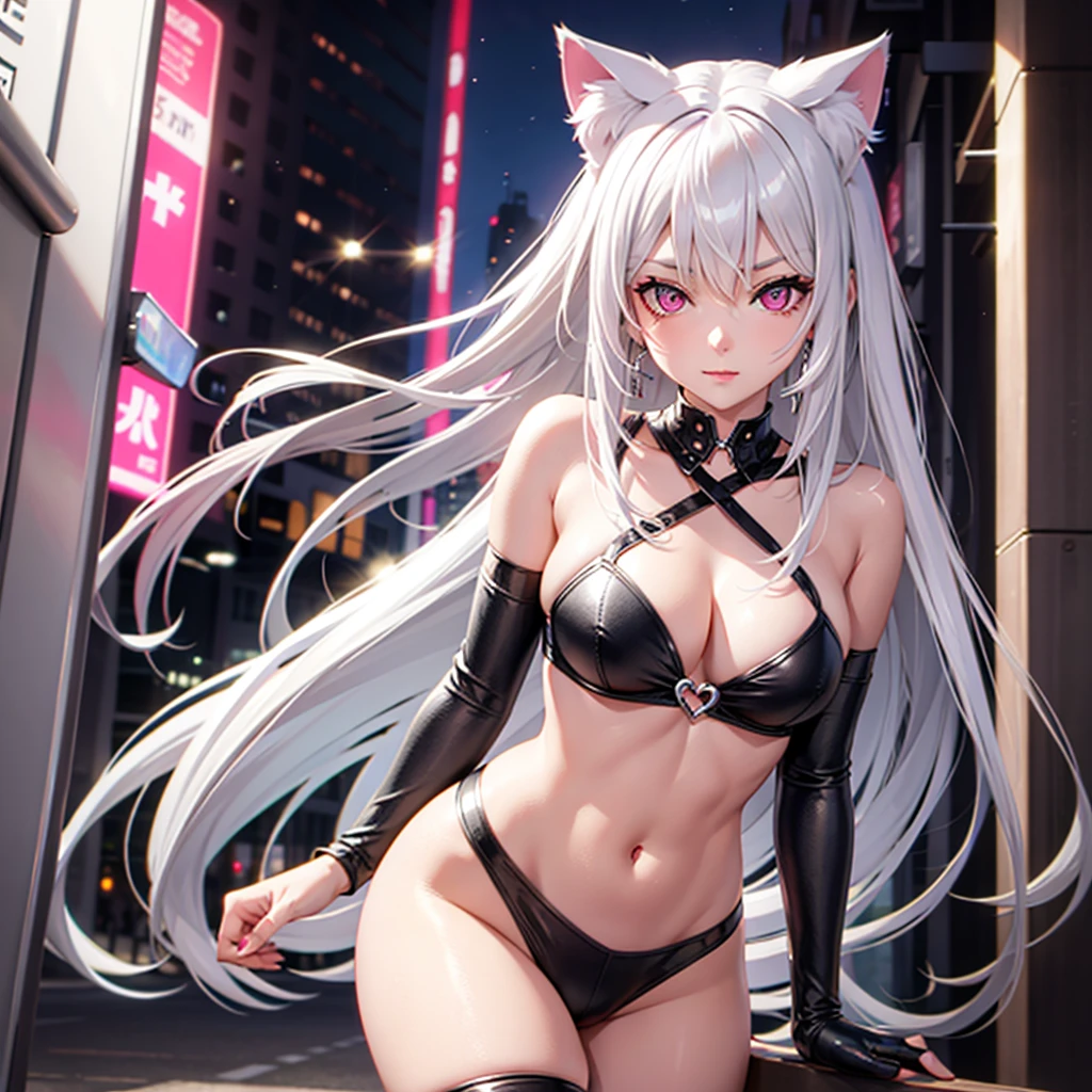 Silver hair, pink eyes, body, cat ears, sexy girl, earrings, love background fantasy, casual