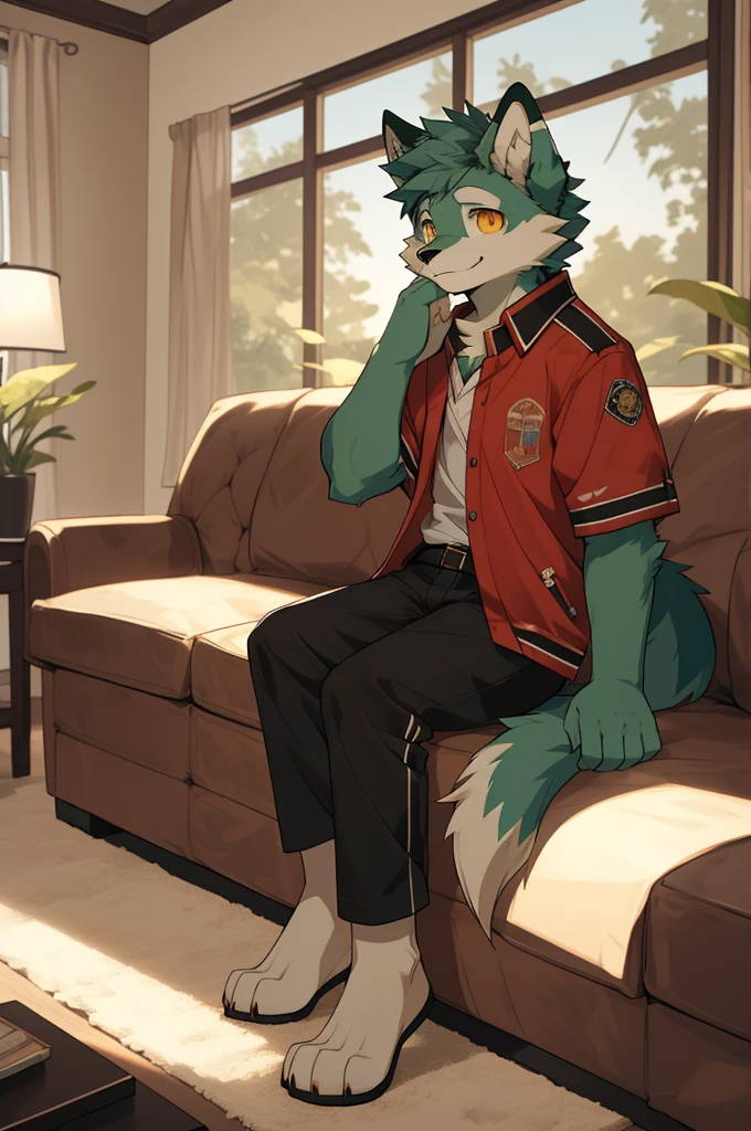 (highest resolution, Dynamic HDR, 4K, full HD) , furry, 18 years old, green fur wolf, green body, yellow eyes, Random clothes, shrink, bodyส่วนบน, round_cornea, Sad smiling face, cute, living room, slim_body, clear face