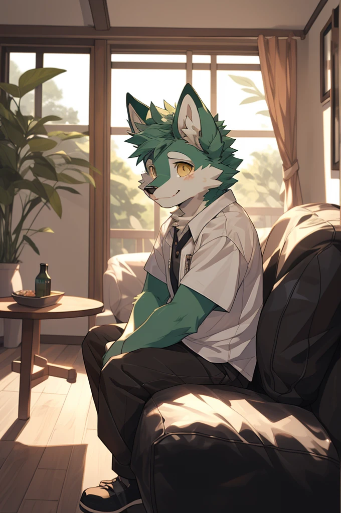 (highest resolution, Dynamic HDR, 4K, full HD) , furry, 18 years old, green fur wolf, green body, yellow eyes, Random clothes, shrink, bodyส่วนบน, round_cornea, Sad smiling face, cute, living room, slim_body, clear face