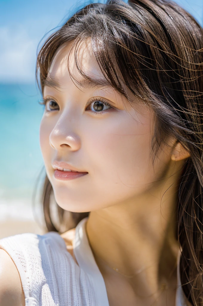 Gazing-into-the-Distance, (wearing , micro bikini:1.3), on beach,Sunlight,Top quality, 1 beautiful Japanese woman, teen,high school student,(18 years old),medium hair, (brown hair:1.2), Ultra-realistic capture, Highly detailed, High resolution 16k close-up of human skin. Skin texture must be natural, With such detail that pores can be finely identified. Skin should look healthy, In a uniform tone. Use natural light and color,