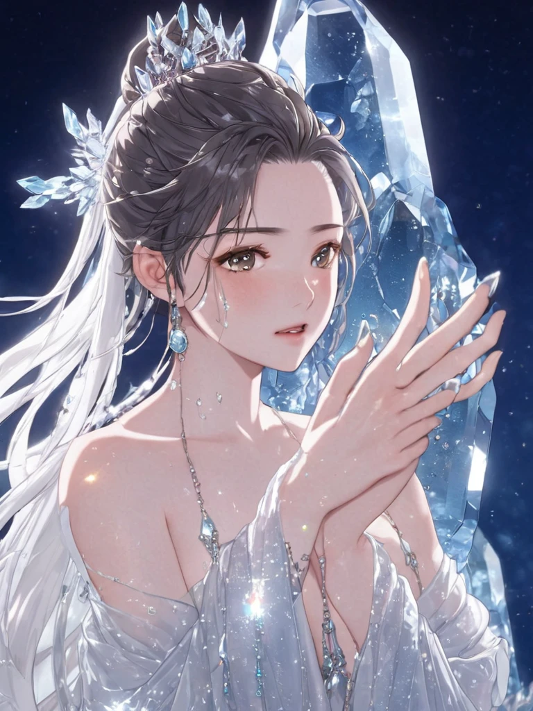 1 Girl,Hanfu,whole body,((Water Drop)),Wet clothes,((Beautiful and delicate water)),((floating)),Dynamic Angle,(((Crystalline textured hair))),((Beautiful and detailed glass hair)),((Glass shaped texture hand)),((crystallize texture body)),Jewel body,Hands as sparkling as gems,crystallization of clothes,((crystals texture skin)),spark,lens flare,Light Leakage,shattered glass,Detailed glass shape clothes,beautiful detailed gemstone sky,gemstone sea,crystals texture flowers,((Meticulous crystallization clothing)),Beautiful and delicate light, (Detailed ice), Beautiful and delicate water,