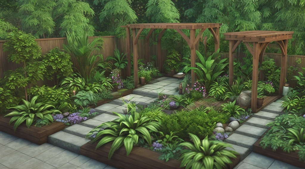 there is a small garden with plants and a wooden structure, rendered in lumion pro, rendered in lumion, enscape render, rendered in enscape, detail render, highly rendered!!, detailed render, plants and patio, lumion render, very detailed render, fully detailed render, rendered in povray, natural realistic render, rendered in unreal engine 6