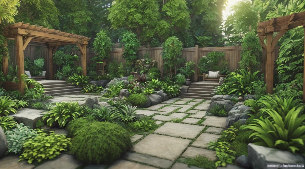 there is a small garden with plants and a wooden structure, rendered in lumion pro, rendered in lumion, enscape render, rendered in enscape, detail render, highly rendered!!, detailed render, plants and patio, lumion render, very detailed render, fully detailed render, rendered in povray, natural realistic render, rendered in unreal engine 6
