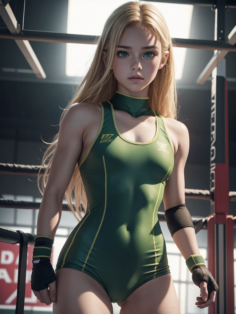 a teenage girl wrestler, beautiful detailed eyes, detailed blonde hair. beautiful detailed lips, extremely detailed eyes and face, long eyelashes, 1girl, highschool student, 15 years old, wearing green sleeveless wrestling suit no pants, flat chest, wrestling gloves, wrestling boots, in the wrestling ring, dynamic pose, slim physique, detailed facial features, intense expression, dramatic lighting, cinematic composition, hyper realistic, 8k, ultra-detailed, masterpiece, photorealistic