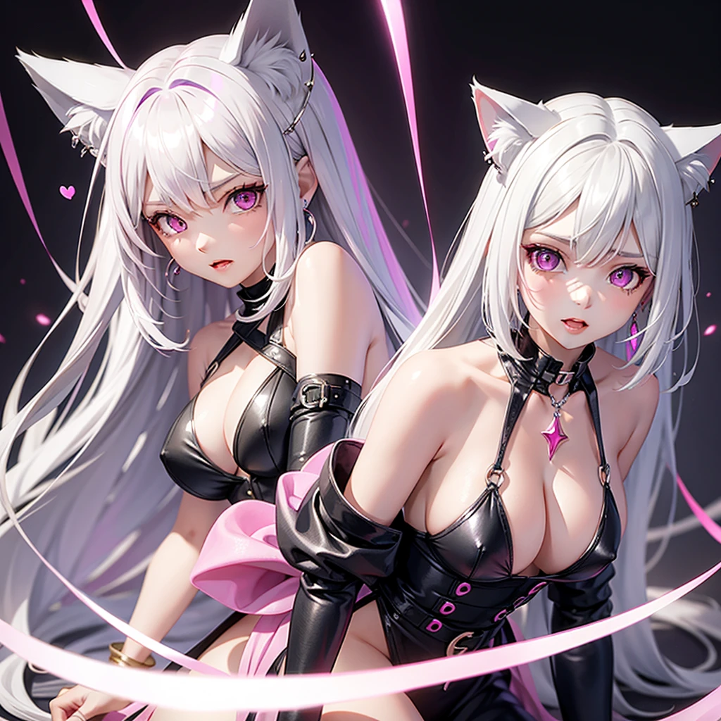 Silver hair, pink eyes, body, cat ears, sexy girl, earrings, pink background fantasy, dress