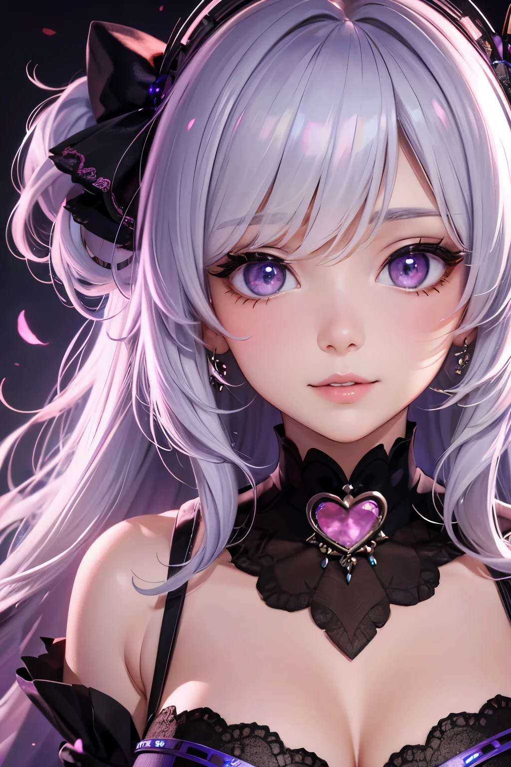 masterpiece,highest quality, Very detailed, High resolution, expensive resolution, High resolution, 4K, 8k, unity 8k wallpaper, Very detailed CG, masterpiece,  2D, 3D, Beautiful details, depth, Fine texture , highest quality: 1.3, Fully focused, Crispy.skin, .he,
Very cute anime girl 、idol, Large Breasts、Pink medium-long hair wearing expensive ,  Mole under the eye, looking at the viewer , expensive , blush, Mole, Lips parted,  Pink Eyes, Heart-shaped choker smile