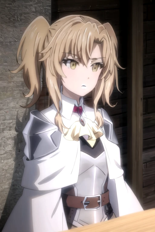 GoblinSlayer, NobleFencer, solo, girl1, long sleeves, brown eyes, cape, armor, shoulder armor, portrait, red ascot,