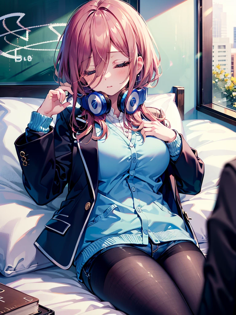 (8K, Highest quality, Highest quality, masterpiece), nm1, 1girl, headphones around neck, sleeping, school uniform, long sleeves, blue cardigan, denim short shorts, pantyhose, black jacket, open jacket, big breasts