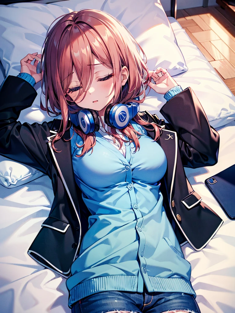 (8K, Highest quality, Highest quality, masterpiece), nm1, 1girl, headphones around neck, sleeping, school uniform, long sleeves, blue cardigan, denim short shorts, pantyhose, black jacket, open jacket, big breasts