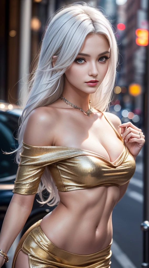 (masterpiece:1.3), (photorealistic:1.37), (A fashion model, 22-years-old), ((Glamour, paparazzi taking pictures of her), (very complicated Extravagant street clothes), with a perfect body, super fine face and eyes, (light makeup, [[pink lipstick]], eyeliner), ((view the viewer)), (full breasts), The attention to detail, Double eyelids, Wear an off-the-shoulder top, full bodyesbian，White hair, ((Brown eyes)), 16K, UHD, Extremely detailed, voluminetric warm lighting,