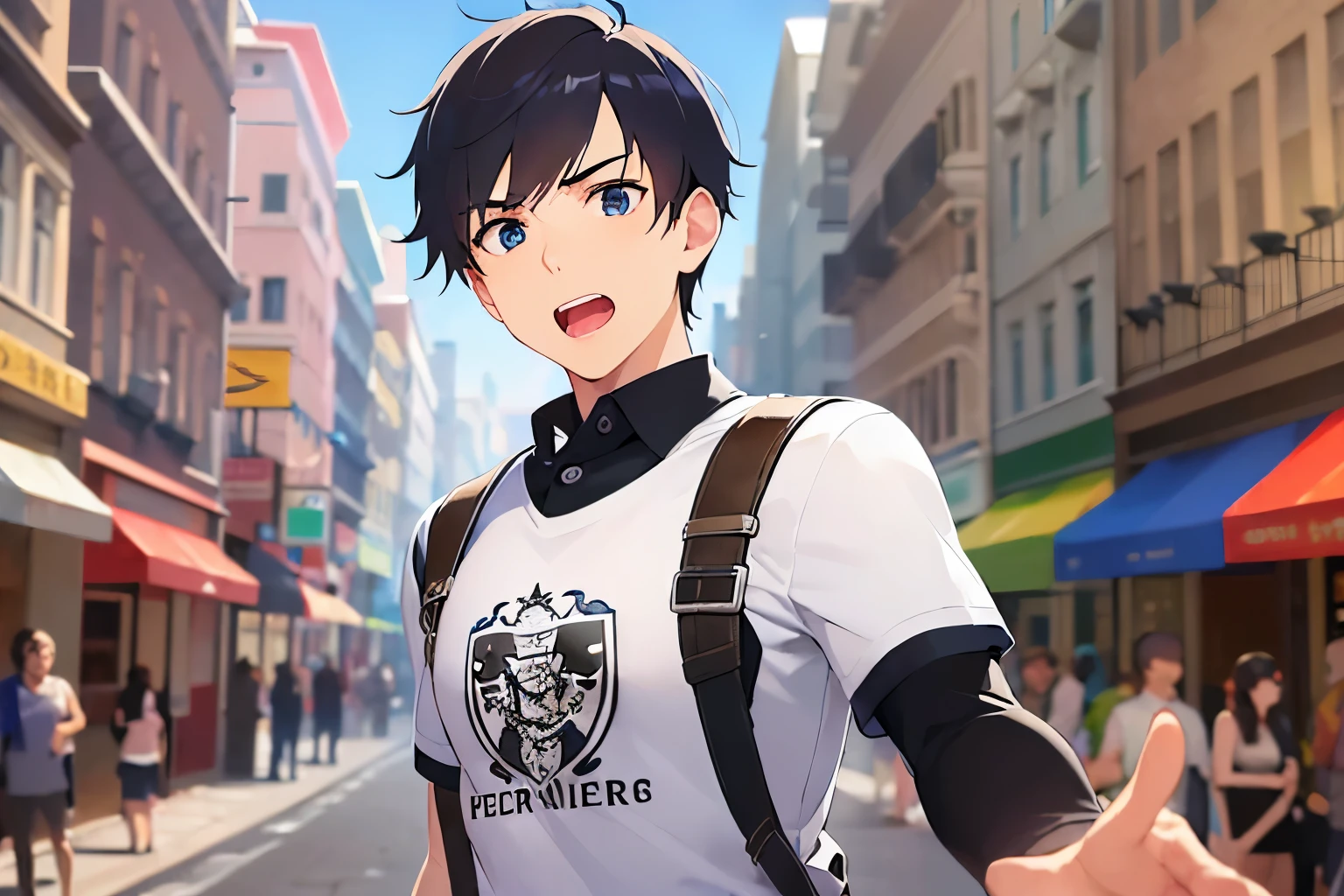 (outstretched arm:1.5), upper body、shiny skin, masterpiece、Highest quality、(25-year-old male:1.5) and (Black short hair) and (blue eyes), White T-shirt、Are standing、open mouth, (surprised:1.5)、The background is a shopping street、alone