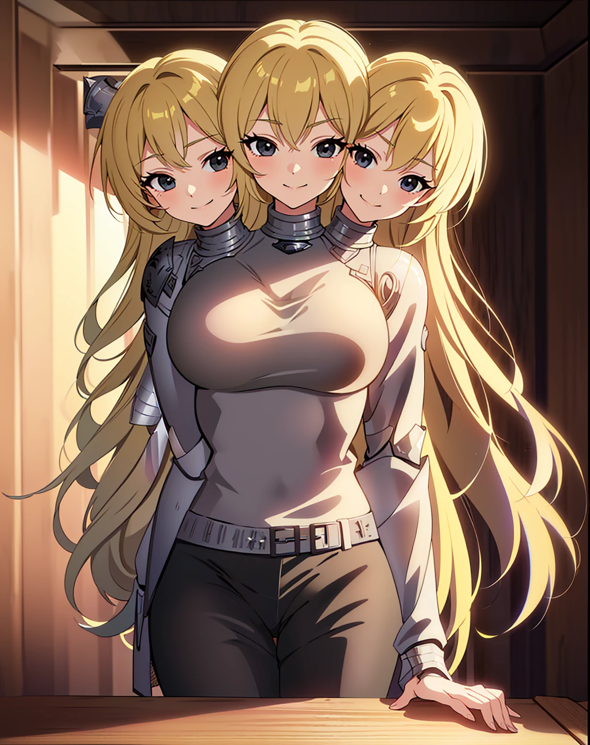 (masterpiece),(ultra-detailed), (high quality), (high resolution), (best quality:1.5, highres, UHD), highres, absurdo, ultra detail, ultra quality, (2heads:1.5), 1girl, ((golden blonde hair)), thighs, (gray armor), female warrior, (fully armored), (medieval outfit), (black eyes), armored chest piece, gorgeous female knight, Guild Clothes with Armor, Fantasyart:1.5, (1 Female Knight:1.5), Detailed and detailed depiction armor, (seductive smirk), detailed eyes