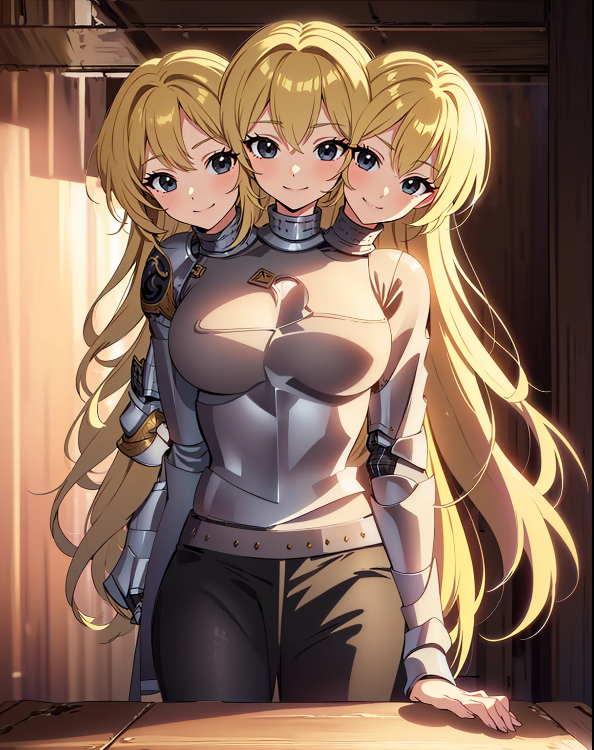 (masterpiece),(ultra-detailed), (high quality), (high resolution), (best quality:1.5, highres, UHD), highres, absurdo, ultra detail, ultra quality, (2heads:1.5), 1girl, ((golden blonde hair)), thighs, (gray armor), female warrior, (fully armored), (medieval outfit), (black eyes), armored chest piece, gorgeous female knight, Guild Clothes with Armor, Fantasyart:1.5, (1 Female Knight:1.5), Detailed and detailed depiction armor, (seductive smirk), detailed eyes