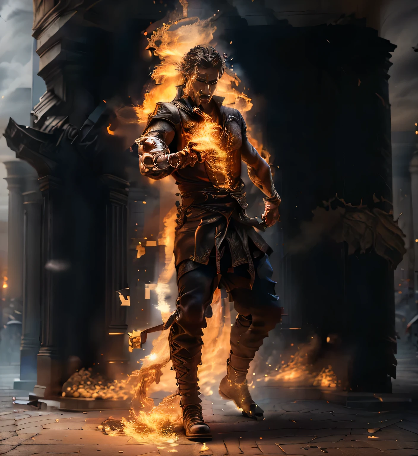 (Bulgarian man), emb3r4rmor, burning, luminous, dynamic pose, fighting stance, (fantasy city background), realistic, masterpiece, complex parts, detailed background, depth of field, Photo of a handsome man,