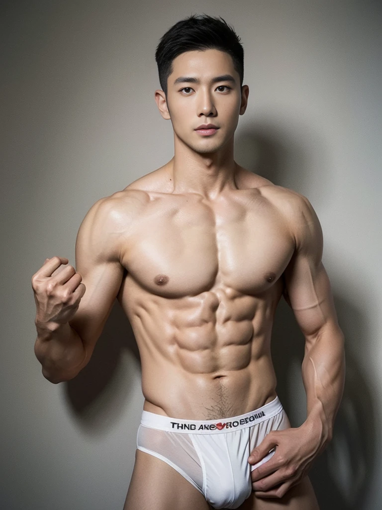 Chinese male actor in a briefs, handsome Chinese guy, handsome man, Full Body Shoot, photoshoot, portrait, look at camera, detailed facial parts, Manly, Charmer, Active Boy, standing, top tied up with rope, rope bondage, strangled with rope, harness, wrapped in leather straps, anguished expression, perfect anatomy, symmetric body, asian boy 30years old, shirtless :: high detail, asian, a little six packs attractive body, realistic, human skin, Short Hairstyle, handsome chad chin, shirtless, handsome, attractive, slightly muscular man, masculine, sexually attractive, human skin, (eyes contact), Handsome, Attractive, bulge in briefs, The crotch is raised