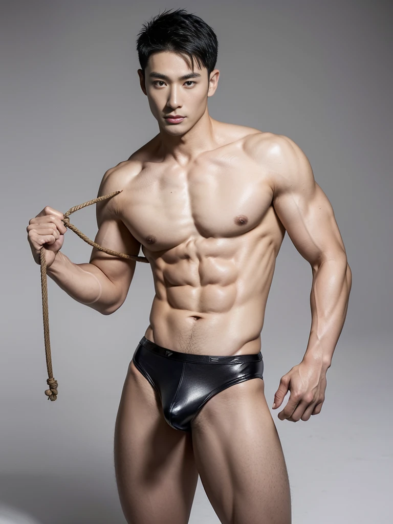 Chinese male actor in a briefs, handsome Chinese guy, handsome man, Full Body Shoot, photoshoot, portrait, look at camera, detailed facial parts, Manly, Charmer, Active Boy, standing, top tied up with rope, rope bondage, strangled with rope, harness, wrapped in leather straps, anguished expression, perfect anatomy, symmetric body, asian boy 30years old, shirtless :: high detail, asian, a little six packs attractive body, realistic, human skin, Short Hairstyle, handsome chad chin, shirtless, handsome, attractive, slightly muscular man, masculine, sexually attractive, human skin, (eyes contact), Handsome, Attractive, bulge in briefs, The crotch is raised