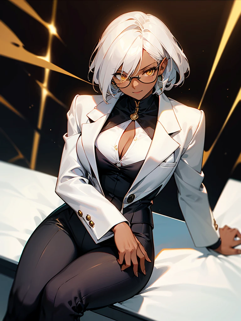 1 Female, adult, dark skinned women, long white short hair, hair over the ears, golden eyes, glasses, black business suit, black tailored jacket, white shirt, black pantsuit, office background, malicious smile, sharp eye, collarbone, sitting, (off jacket), cleavage,