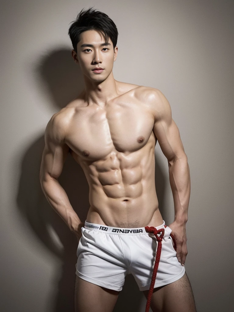 Chinese male actor in a briefs, handsome Chinese guy, handsome man, Full Body Shoot, photoshoot, portrait, look at camera, detailed facial parts, Manly, Charmer, Active Boy, standing, top tied up with rope, rope bondage, strangled with rope, harness, wrapped in leather straps, anguished expression, perfect anatomy, symmetric body, asian boy 30years old, shirtless :: high detail, asian, a little six packs attractive body, realistic, human skin, Short Hairstyle, handsome chad chin, shirtless, handsome, attractive, slightly muscular man, masculine, sexually attractive, human skin, (eyes contact), Handsome, Attractive, bulge in briefs, The crotch is raised