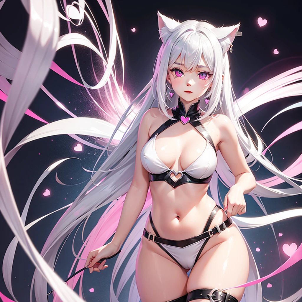 Silver hair, pink eyes, body, cat ears, cute girl, earrings, heart fantasy background