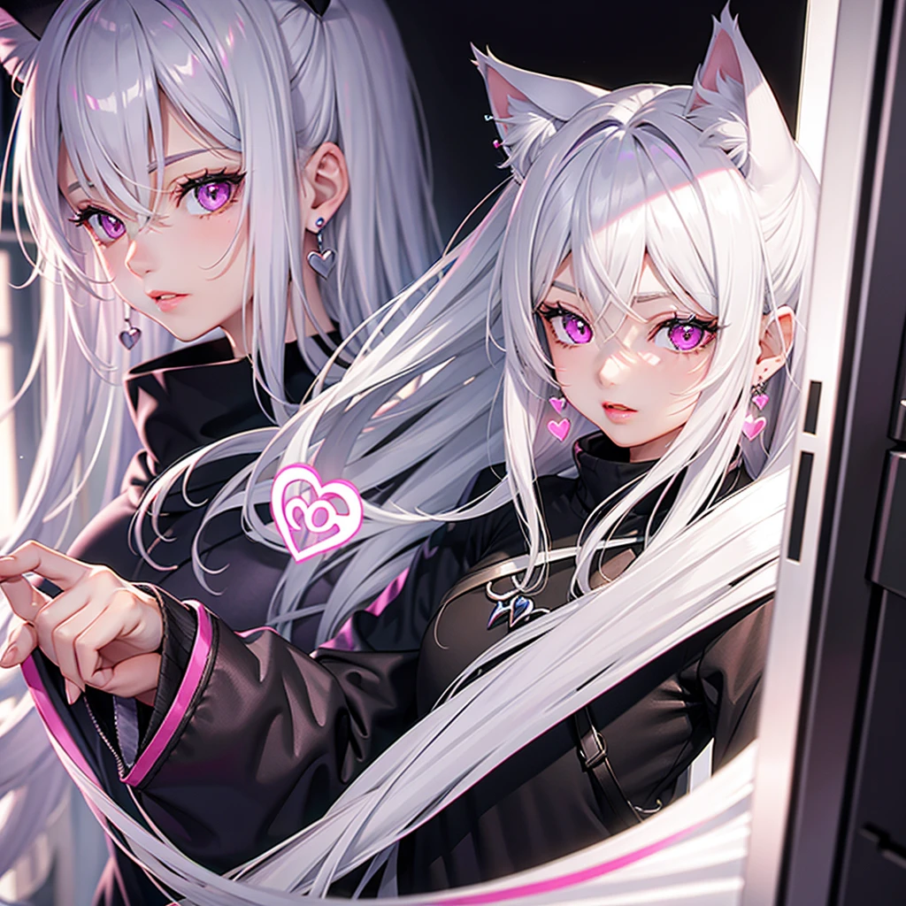 Silver hair, pink eyes, body, cat ears, cute girl, earrings, heart fantasy background 