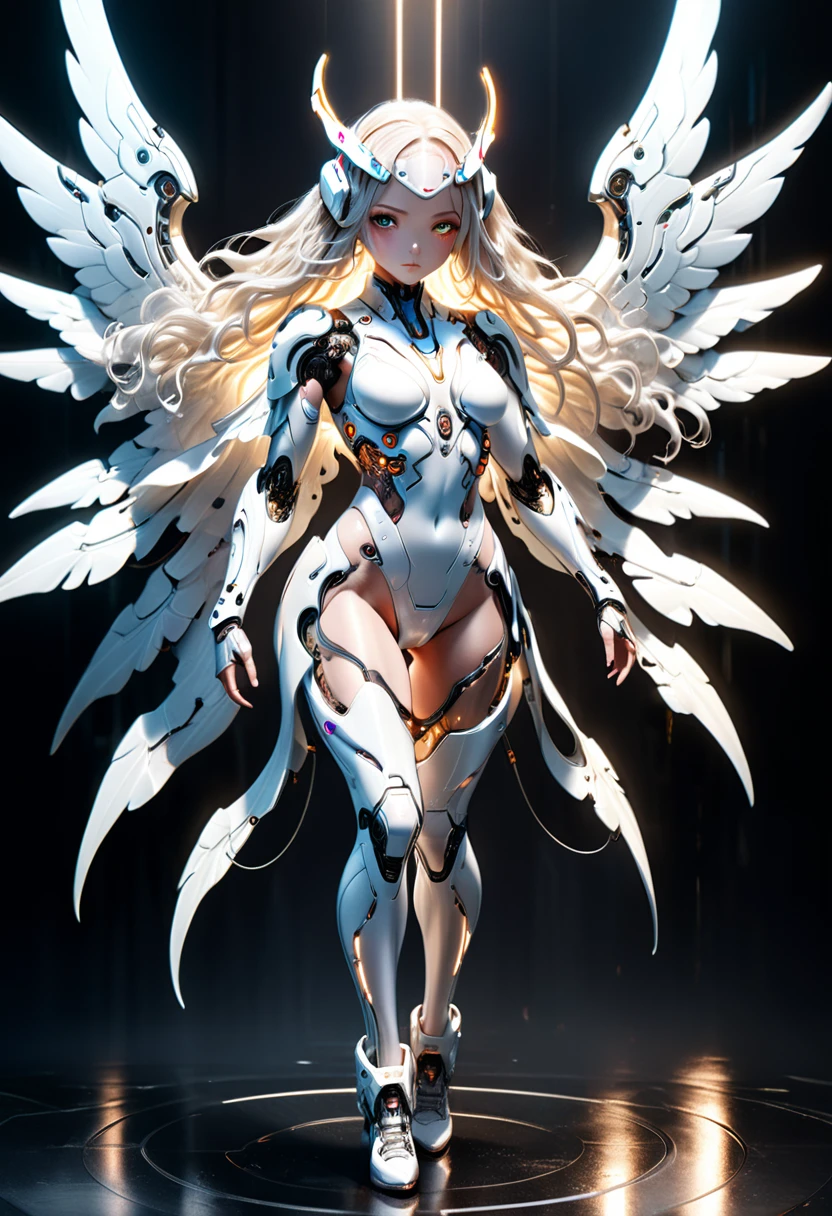 cyborg angel, large metal wings, white porcelain body, acrylic clear cover, long white wavy hair, glowing skin, cyberpunk style, futuristic headgear, intricate details, hyper realistic, cinematic lighting, dramatic pose, volumetric lighting, photorealistic, 8k, ultra detailed, her entire body is shown, looking directly at the viewer, (full body:1.5)