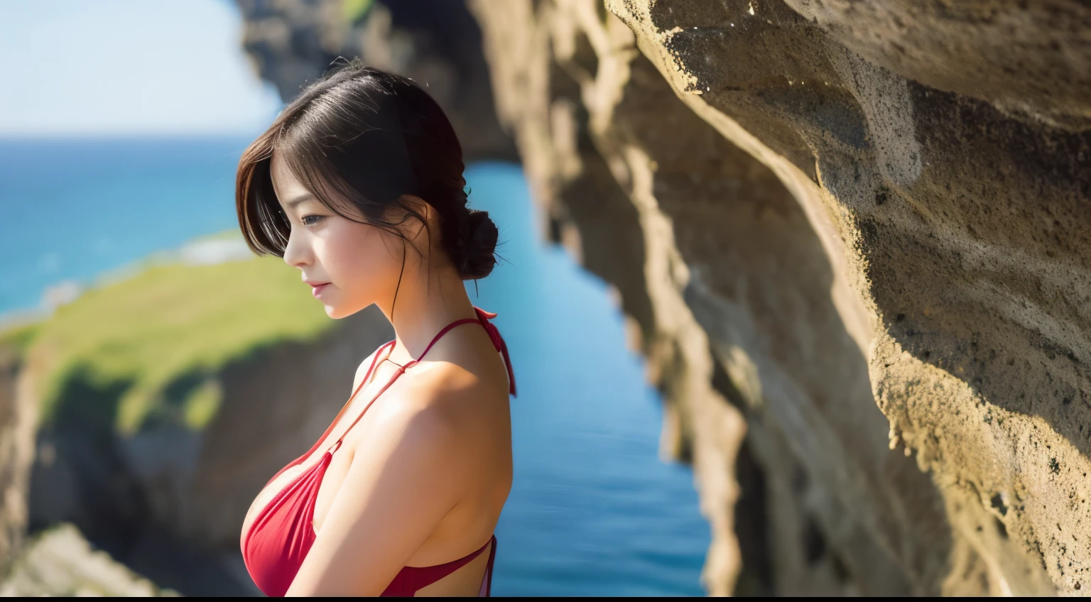 top-quality、beautiful japanese female、Superb view、on a cliff、off-shoulder:1.2、micro bikini:1.2、huge tit、The wind is blowing