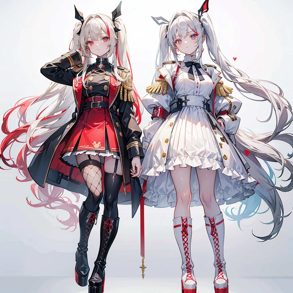 Two girls, one with beige hair and very red eyes, the other with white hair and blue eyes, pigtails, long hair, white background, colorful jewels, light, high quality, military uniform, standing back to back, fishnet stockings, platform boots