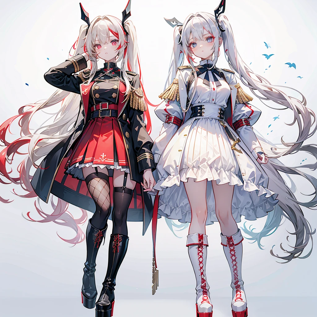 Two girls, one with beige hair and very red eyes, the other with white hair and blue eyes, pigtails, long hair, white background, colorful jewels, light, high quality, military uniform, standing back to back, fishnet stockings, platform boots