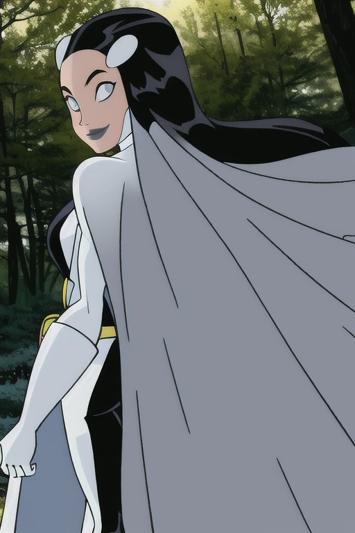 Phantom girl, Tinya Wazzo, solo, girl1, long black hair, bodysuit. grey eyes, smile, grey lips, belt, long white cape, white gloves, best quality, masterpiece, standing, forest, night, from behind, cape In front
