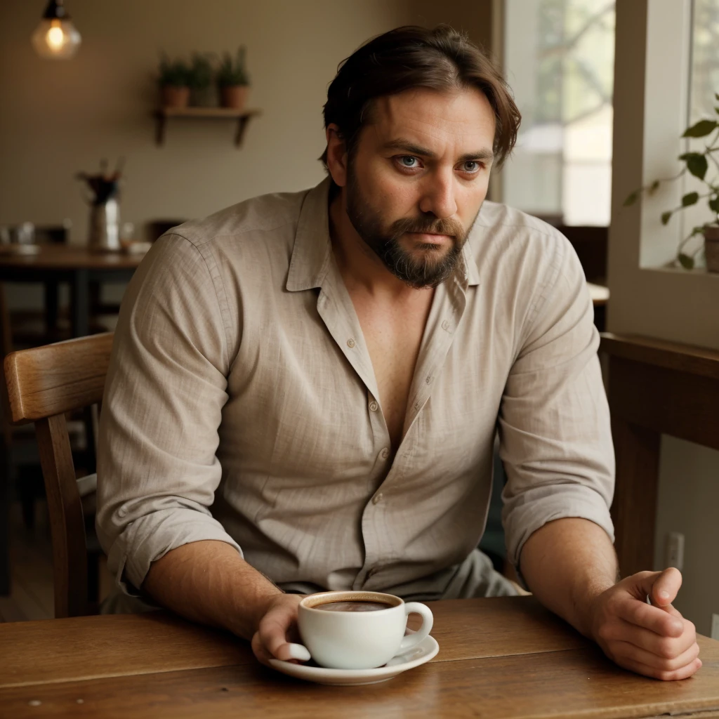 Man with a beard in his 30s, robust and sensual, sitting in front of a table drinking coffee and looking serious, reflecting on something serious