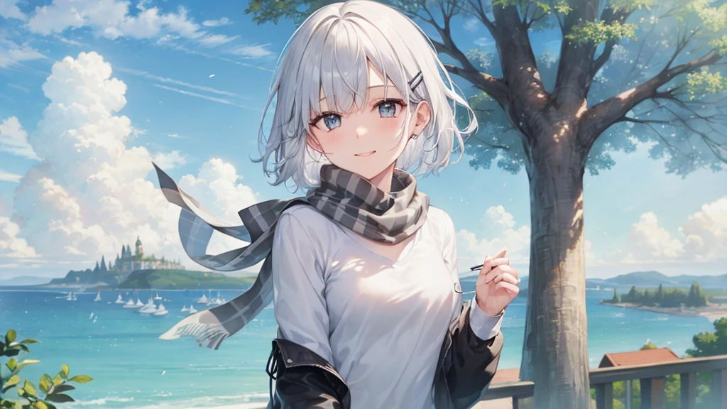 Her eyes were shining、Mysterious and enchanting atmosphere。With AI Painting、とてもShort Hair, Long bangs between the eyes, Very detailed,(masterpiece、Highest quality)、alone、Gray Hair、Fantasy, Silver Hair, Fantasyな風景、White shirt、smile、Open your mouth、Scarf、short hair、Short Hair、hairpin、black eye、Grey Eyes、Beautiful Eyes