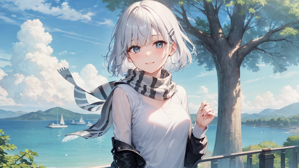 Her eyes were shining、Mysterious and enchanting atmosphere。With AI Painting、とてもShort Hair, Long bangs between the eyes, Very detailed,(masterpiece、Highest quality)、alone、Gray Hair、Fantasy, Silver Hair, Fantasyな風景、White shirt、smile、Open your mouth、Scarf、short hair、Short Hair、hairpin、black eye、Grey Eyes、Beautiful Eyes