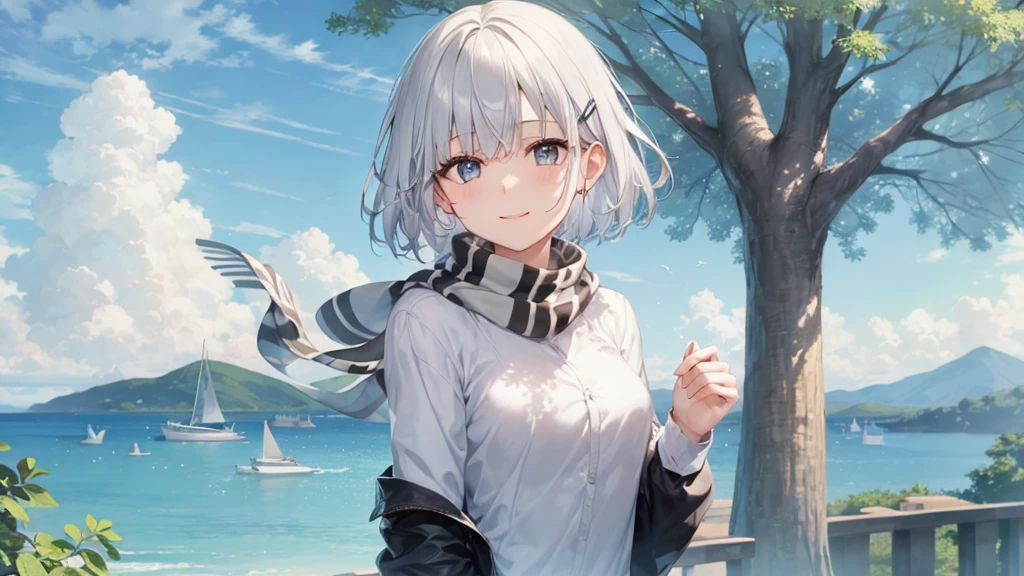Her eyes were shining、Mysterious and enchanting atmosphere。With AI Painting、とてもShort Hair, Long bangs between the eyes, Very detailed,(masterpiece、Highest quality)、alone、Gray Hair、Fantasy, Silver Hair, Fantasyな風景、White shirt、smile、Open your mouth、Scarf、short hair、Short Hair、hairpin、black eye、Grey Eyes、Beautiful Eyes