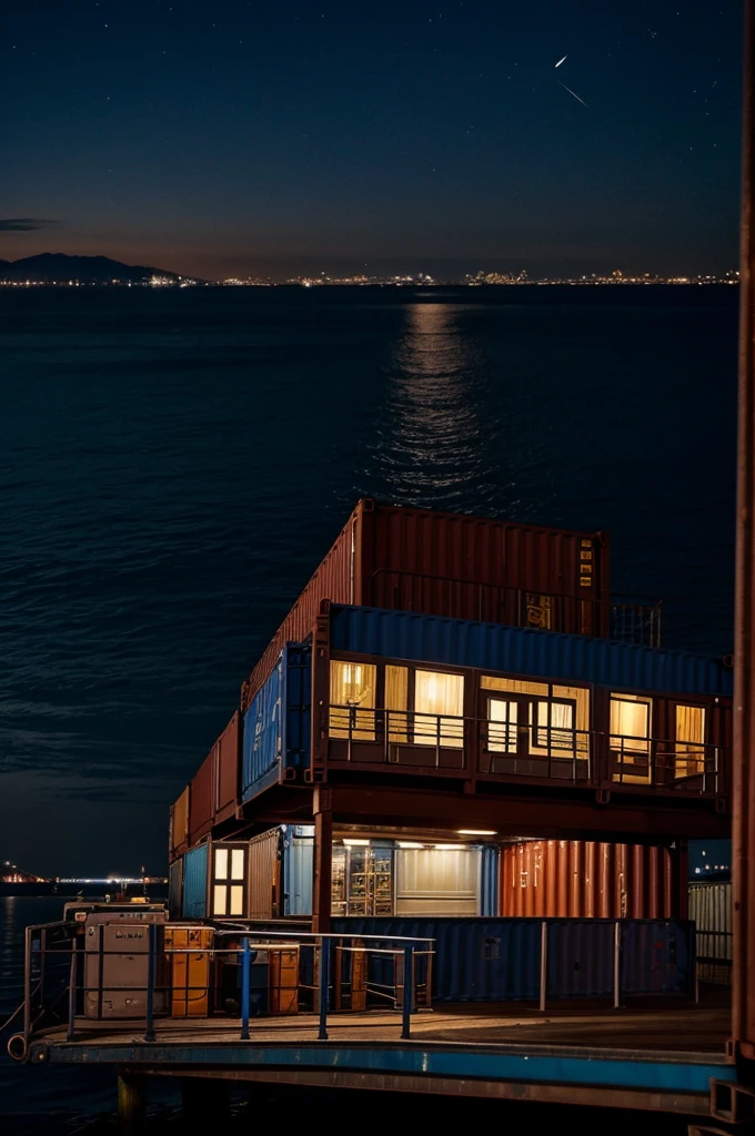 Generates an image from the angle of a container on the dock, the place is dark, The only light is several street lamps on the dock., There are several people gathered on the dock, As a superposition, place the telescopic sight of a rifle centered, pointing at the group of people