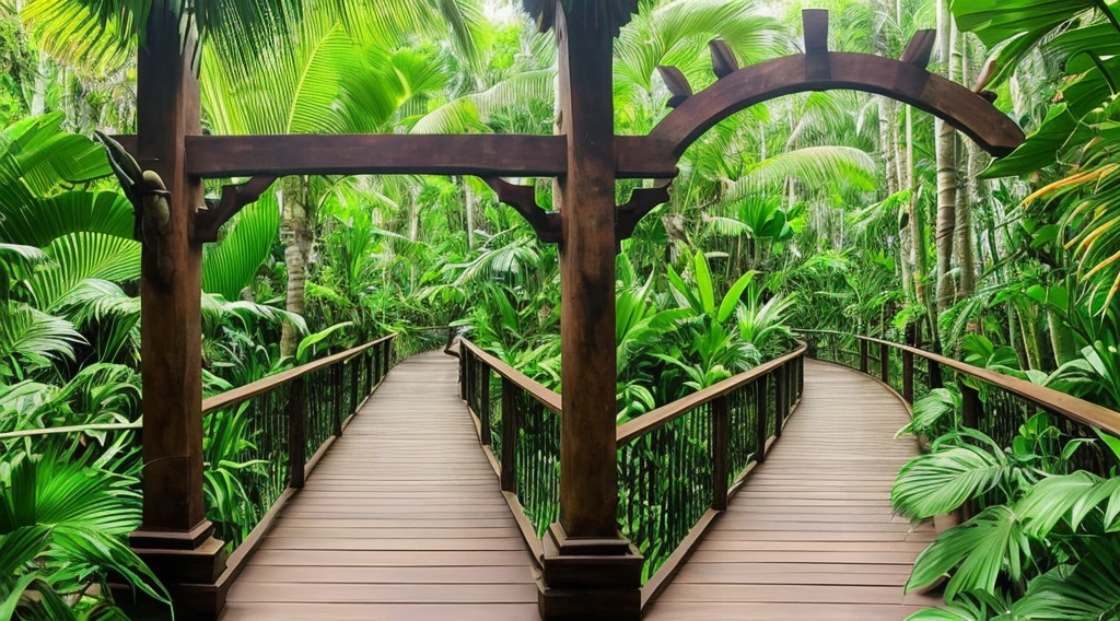 a view of a wooden walkway with a pergol roof and a wooden deck, vibrant greenery outside, lush garden surroundings, lush surroundings, tropical setting, archways made of lush greenery, lush plants and lanterns, dense with greenery, paradise garden massage, jungle setting, lush garden, lush oasis, lush garden in the background, lush and green, in a jungle environment