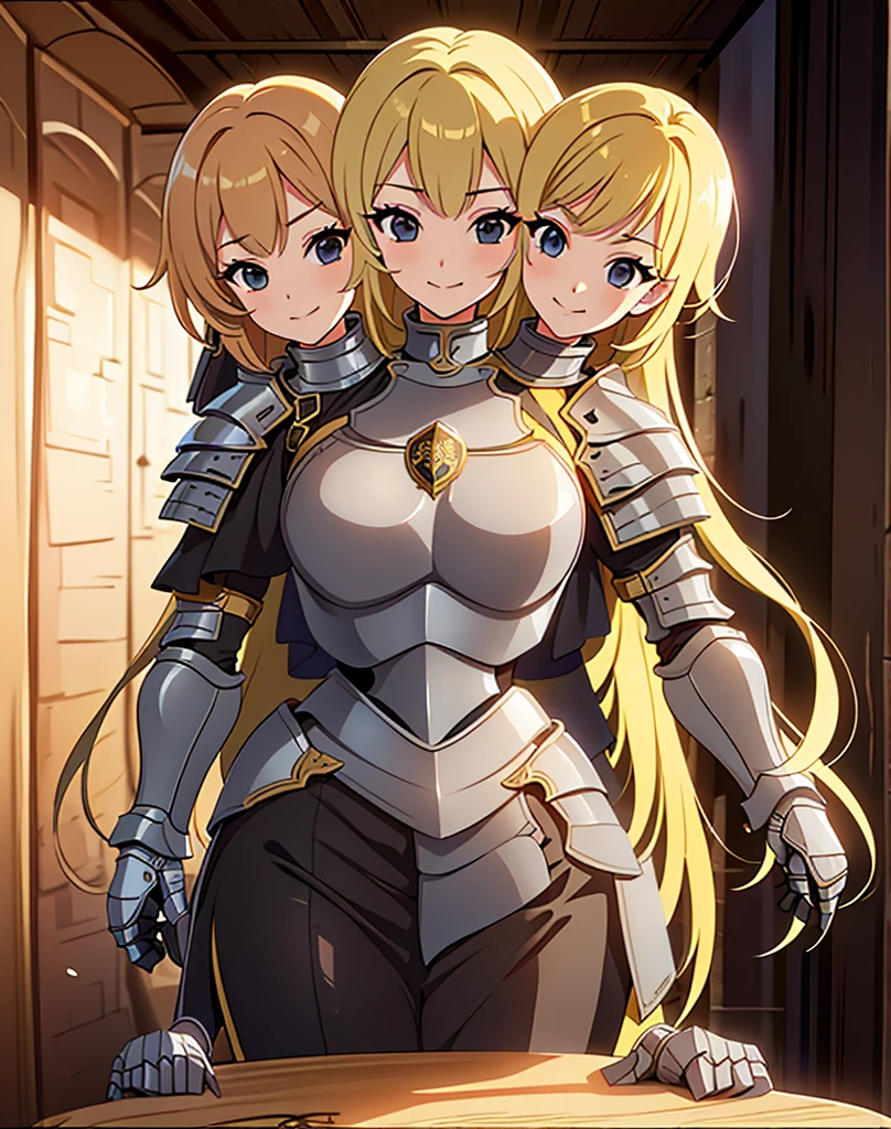 (masterpiece),(ultra-detailed), (high quality), (high resolution), (best quality:1.5, highres, UHD), highres, absurdo, ultra detail, ultra quality, (2heads:1.5), 1girl, ((golden blonde hair)), thighs, (gray armor), female warrior, (fully armored), (medieval outfit), (black eyes), armored chest piece, gorgeous female knight, Guild Clothes with Armor, Fantasyart:1.5, (1 Female Knight:1.5), Detailed and detailed depiction armor, (seductive smirk), detailed eyes