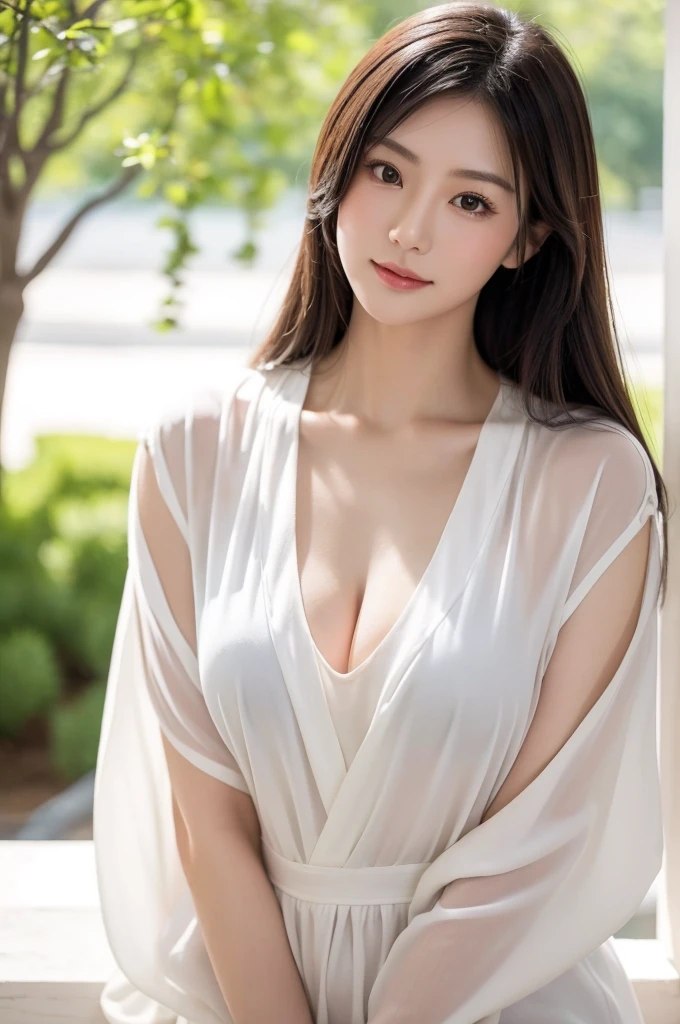 A beautiful mature Japanese woman with a youthful appearance, seen from a first-person perspective as if on a date. She is wearing a stylish white shirt that reveals her cleavage. She has luscious, shiny hair and captivating eyes. Her body is full-figured and voluptuous. She is standing in a summer landscape with high resolution and realistic, detailed depiction. The scene feels intimate and personal, capturing the warmth and charm of the moment.