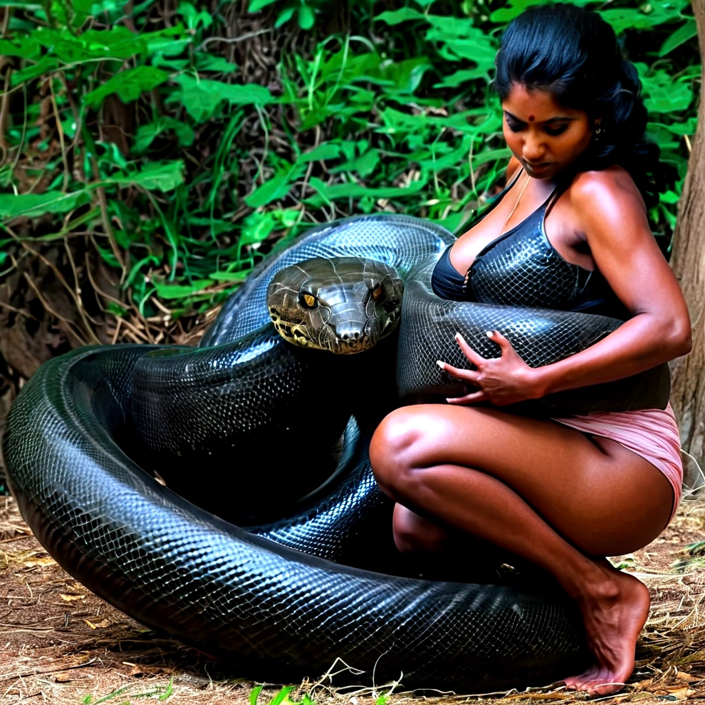 Pregnant Happy Horny, aroused 1girl), beautiful kneeling Indian young girl with giant colossal black titanboa squeezing her hard, wrapped in thick spiraling coils, constricted, struggle, gasping for air, snake attack, snake peril, moonless night, dim light