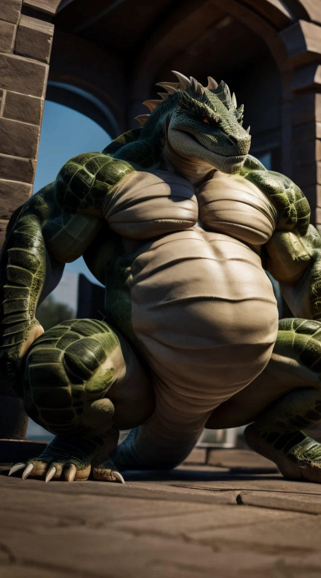 a lizardman, true palpable skin sensation image, Big Stomach, strong and fleshy upper body, ultra detailed, seen from the ground