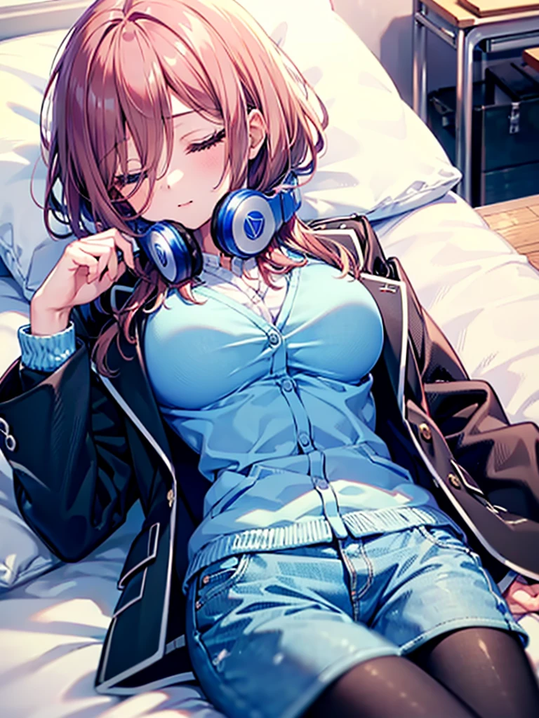 (8K, Highest quality, Highest quality, masterpiece), nm1, 1girl, headphones around neck, sleeping, school uniform, long sleeves, blue cardigan, denim short shorts, pantyhose, black jacket, open jacket, big breasts