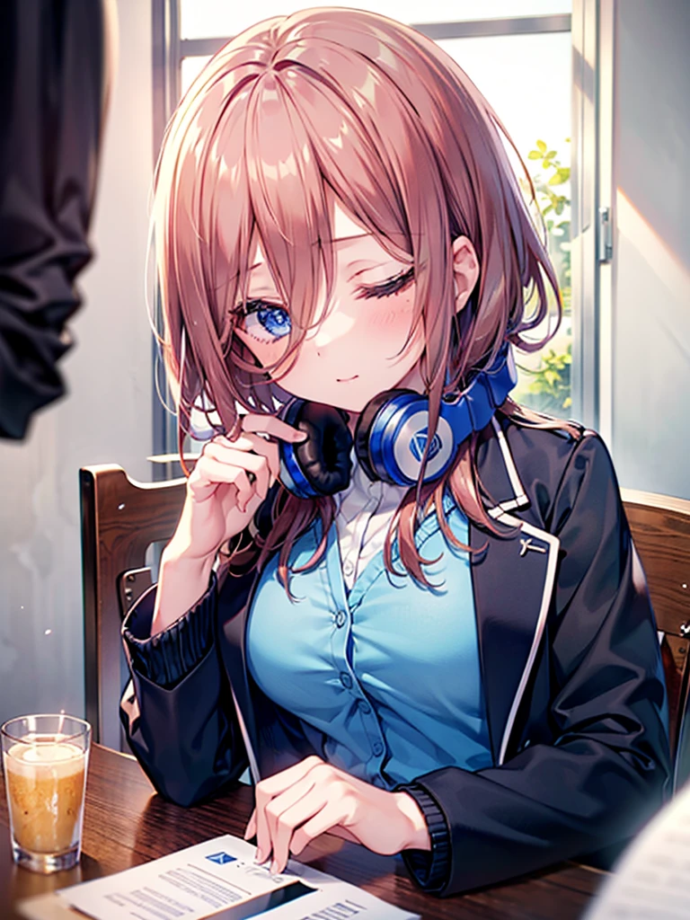 (8K, Highest quality, Highest quality, masterpiece), nm1, 1girl, headphones around neck, sleeping, school uniform, long sleeves, blue cardigan, denim short shorts, pantyhose, black jacket, open jacket, big breasts