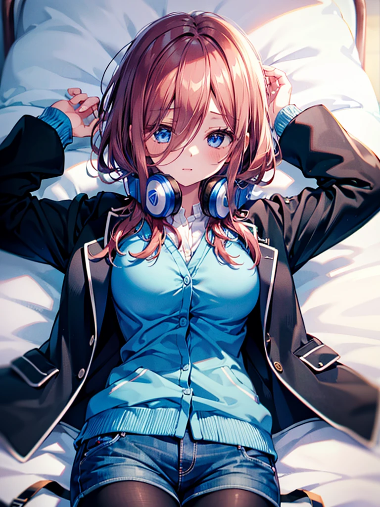 (8K, Highest quality, Highest quality, masterpiece), nm1, 1girl, headphones around neck, sleeping, school uniform, long sleeves, blue cardigan, denim short shorts, pantyhose, black jacket, open jacket, big breasts