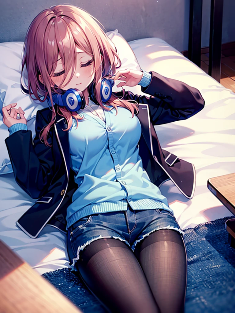 (8K, Highest quality, Highest quality, masterpiece), nm1, 1girl, headphones around neck, sleeping, school uniform, long sleeves, blue cardigan, denim short shorts, pantyhose, black jacket, open jacket, big breasts