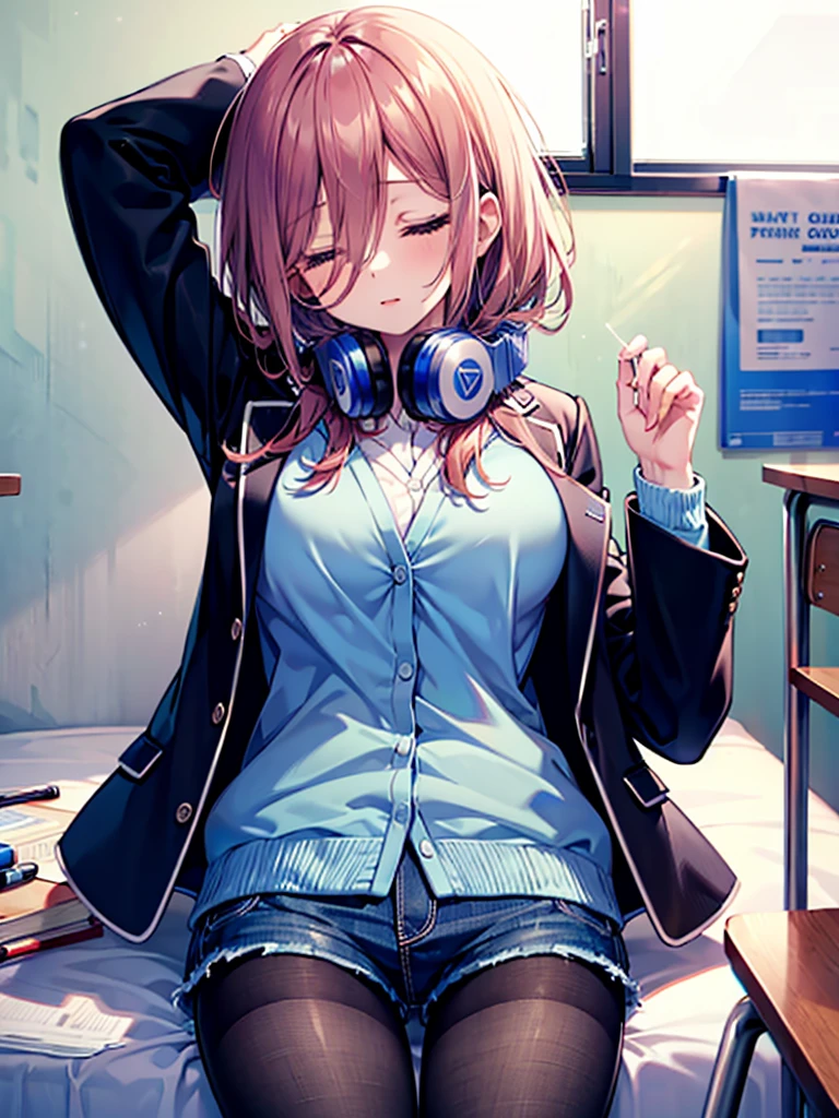 (8K, Highest quality, Highest quality, masterpiece), nm1, 1girl, headphones around neck, sleeping, school uniform, long sleeves, blue cardigan, denim short shorts, pantyhose, black jacket, open jacket, big breasts