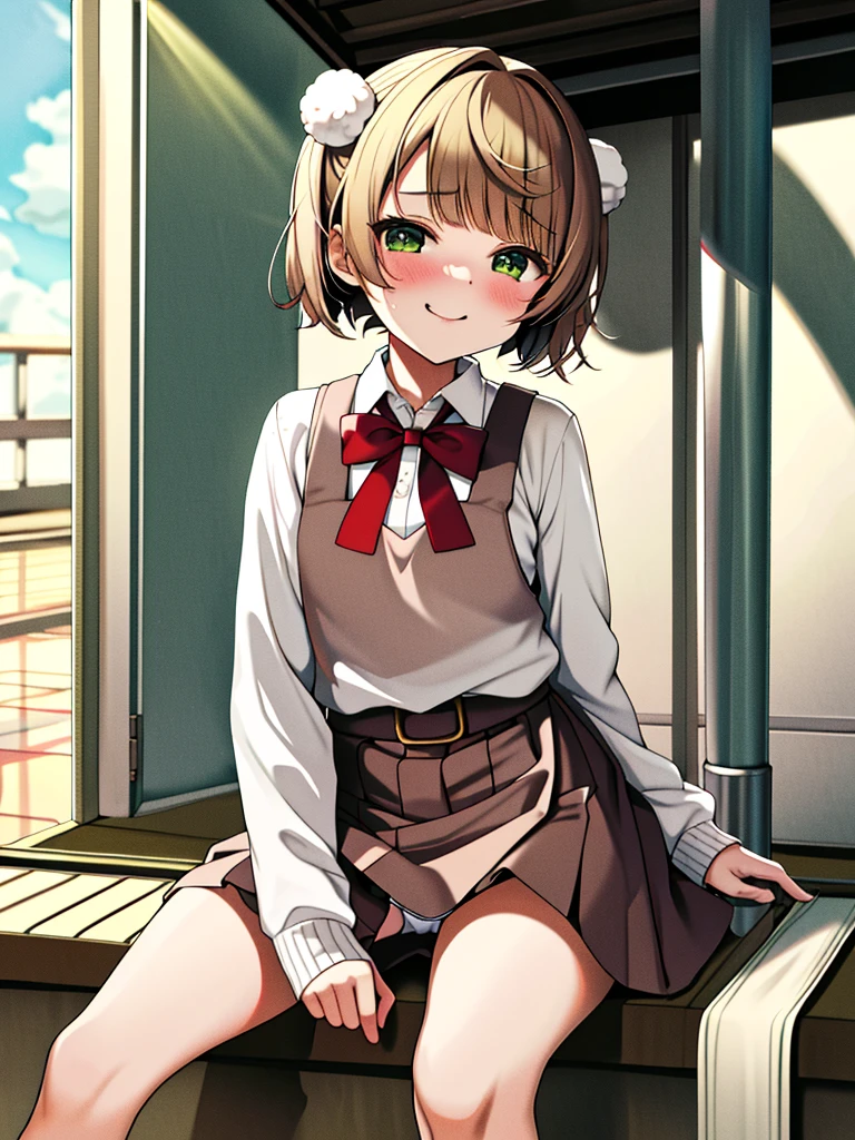 masterpiece, Highest quality, High resolution, 0-year-old, One Loli Girl, alone, Green Eyes, Pom-pom \(Clothes\), Apron dress, White shirt, White socks,Jumper skirt、 Long sleeve, Dilapidated, short hair, belt, Red bow tie, bangs, 青いClothes, Collared shirt, Cowboy Shot, orgasm,blush, Put a condom in your mouth, Sweat, White panties, Pull up your skirt with your hands, Sit on top of an air conditioner outdoor unit, A defiant smile、
