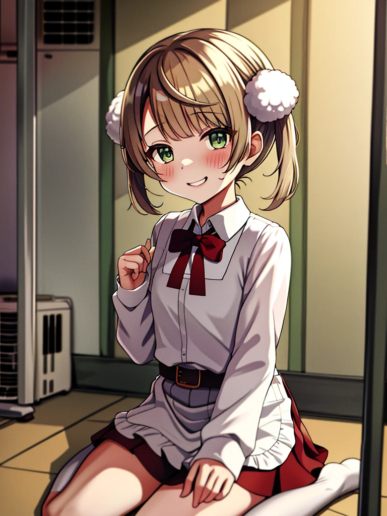 masterpiece, Highest quality, High resolution, 0-year-old,  One Loli Girl, alone, Green Eyes, Pom-pom \(Clothes\), Apron dress, White shirt, White socks,Jumper skirt、 Long sleeve, Dilapidated, short hair, belt, Red bow tie, bangs, 青いClothes, Collared shirt, Cowboy Shot, orgasm,blush, Put a condom in your mouth,  Sweat, White panties, Pull up your skirt with your hands, Sit on top of an air conditioner outdoor unit, A defiant smile、